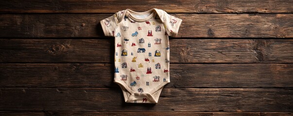 Obraz premium A baby bodysuit with colorful dog prints is laid flat on a rustic wooden surface.