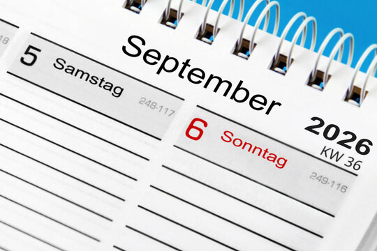 Deutscher Kalender Datum 6. September  2026 Sonntag