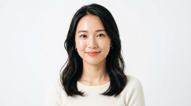 A woman with shoulder-length black hair wearing a white sweater, standing against a plain white background.