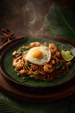 Spicy mee goreng mamak with prawn, tofu, egg and lime served on banana leaf plate. Street food wok style, vibrant and appetizing. Perfect for food menu and asian cuisine stock