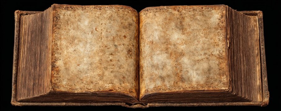 An open, old, weathered book with blank, stained pages and a worn leather cover, suggesting age and historical significance.