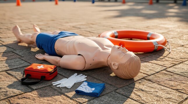 A CPR training dummy lies on the ground with lifesaving equipment including a life ring, gloves, and a first aid kit nearby.