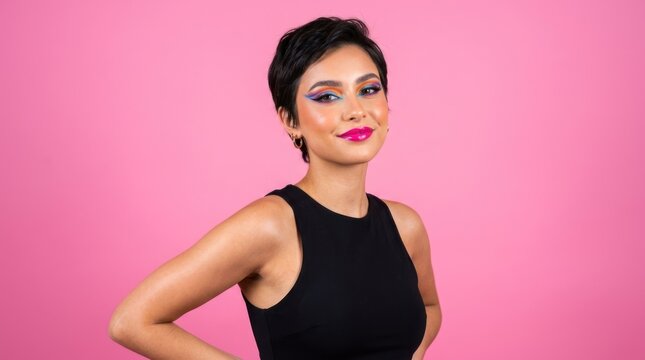 A woman with short hair, wearing a black sleeveless top, standing against a pink background.