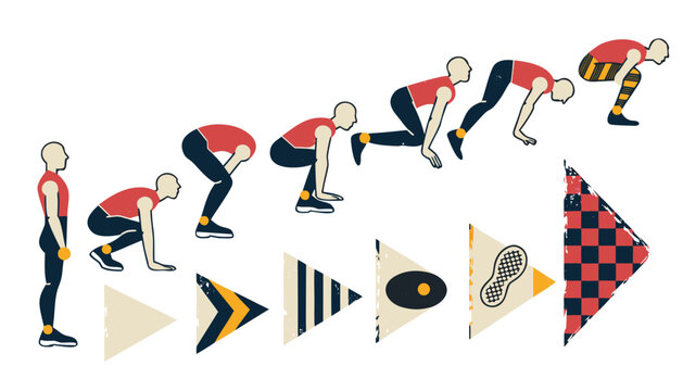 Burpee Broad Jump Pennants Flat Vector Illustration Vintage Hybrid Fitness Badges Set with Athlete Silhouette, Motion Phases, Distance Marker and Finish Pennant for Marketing and Packaging