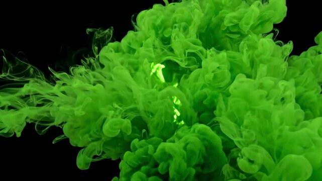 Cinematic 4K Slow Motion of Eerie Neon Green Toxic Smoke Swirling with Internal Glow for Halloween Horror Background in Dark Void