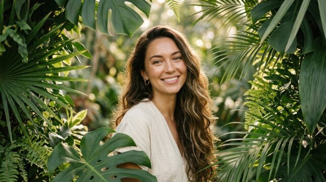A woman with long, wavy hair smiling in a lush, green tropical garden with large, leafy palm trees and other tropical plants.