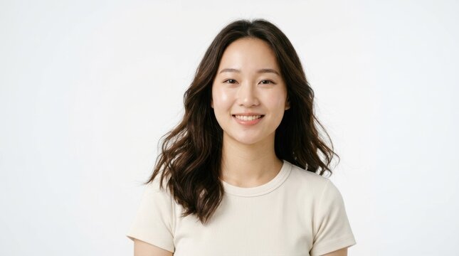 A young woman with long, dark hair wearing a light-colored shirt, standing against a plain white background.