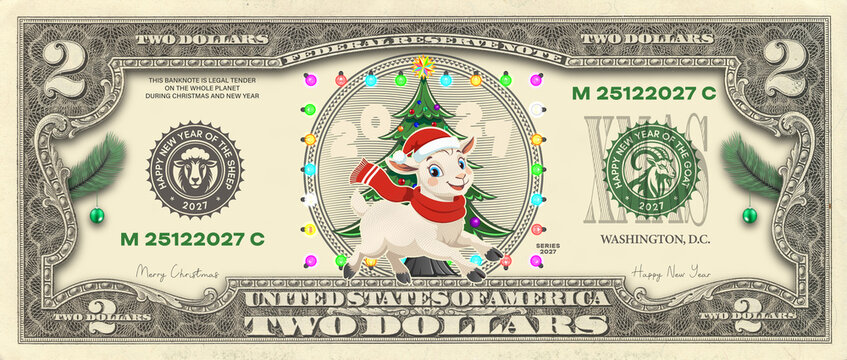 Cartoon comical game holiday banknote, denomination of 2 US dollars. Obverse. Toon cute lamb, hat and scarf, spruce. Merry Christmas and Happy New Year. 2027. Finance. Fit tree, goat and sheep. Two