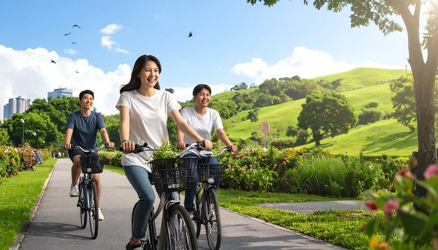 Couple riding tandem bicycle through rural countryside.