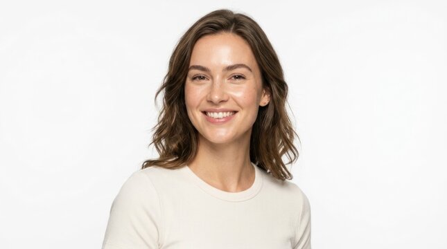 A woman with shoulder-length brown hair smiling, wearing a white top, standing against a white background.