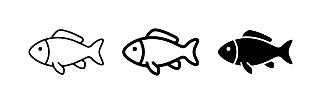 Simple Fish Icons, Outline and Solid Fill, Aquatic Life Vector Graphics