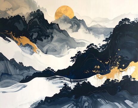 Sunset over snowy mountain peaks with clouds.