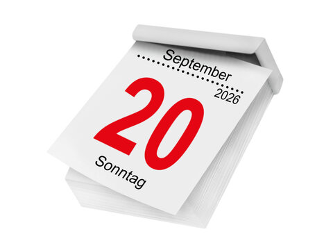 German calendar 2026 September 20 Sunday isolated on white background
