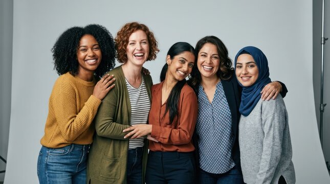Five women standing together in a studio with a neutral background.