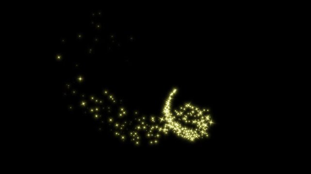 Magic sparkles glitter line stars, fairy dust wand glitter trail transition,Golden stars trail moving left to right curve with twinkling particles. glitter stars on black screen 4K video.