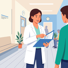 Obraz premium Doctor consulting patient in clinic hallway, discussing medical chart