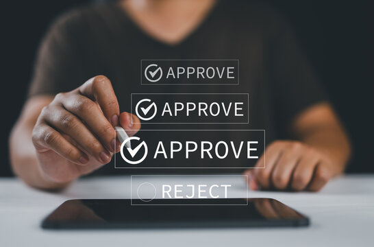 Approval decision workflow and digital document validation concept with approve and reject buttons, checkmark confirmation, review process, quality control, compliance, business authorization