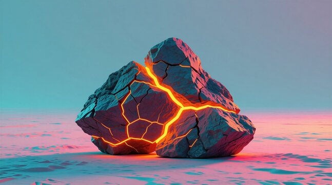 Cracked rock with glowing magma core inside. Abstract stone boulder features bright orange electric light lines across grey textured surface. Modern 3d digital art composition provides minimalist