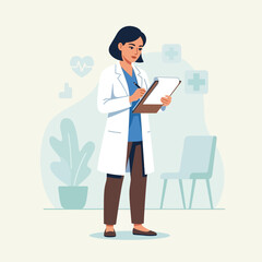 Obraz premium Female Doctor Writing on Clipboard, Medical Professional in Simple Flat Illustration Style