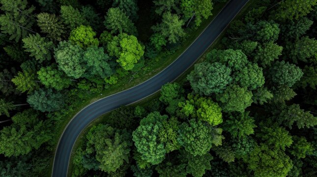 A winding road cuts through a dense, lush green forest captured from an aerial perspective.