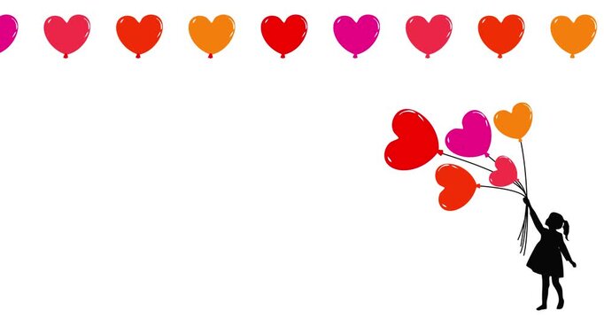 Vector animation of a girl holding a heart-shaped balloon and colorful heart-shaped decorations, with copy space, isolated on a white background.