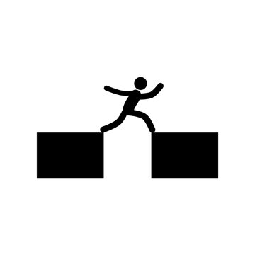 Man jump over a gap from cliff sign icon isolated on white background