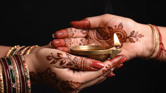 Close-up of hands adorned with intricate mehndi and colorful glass bangles gently lighting a clay oil lamp during the traditional Diwali festival celebration