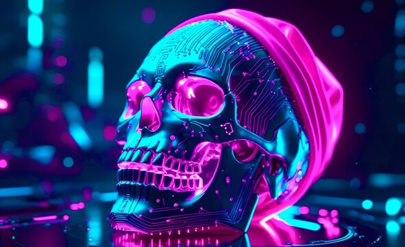 Glowing skull wears vibrant pink cap, tech neon reflection