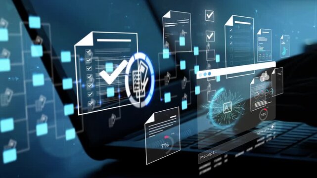 Businesswoman Using Ai artificial intelligence on laptop to document management concept, online documentation database and digital file storage system or software, records keeping, database technology