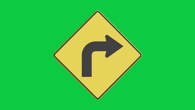 3d yellow diamond traffic sign right turn arrow direction warning icon isolated on green screen background animation video motion graphic element