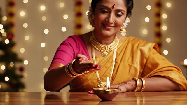 Traditional earthen oil lamp glowing with a warm bright flame during the Indian festival of lights celebration for commercial advertising and cultural greeting