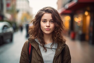 Obraz premium Young woman standing on an urban street with bokeh lights and buildings in the background