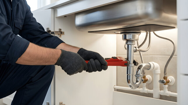 Professional plumber using adjustable wrench to repair leaking water pipe under kitchen sink, residential plumbing maintenance fixing drain pipes, unclogging blocked or rusty kitchen plumbing repair