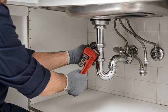 Professional plumber using adjustable wrench to repair leaking water pipe under kitchen sink, residential plumbing maintenance fixing drain pipes, unclogging blocked or rusty kitchen plumbing repair