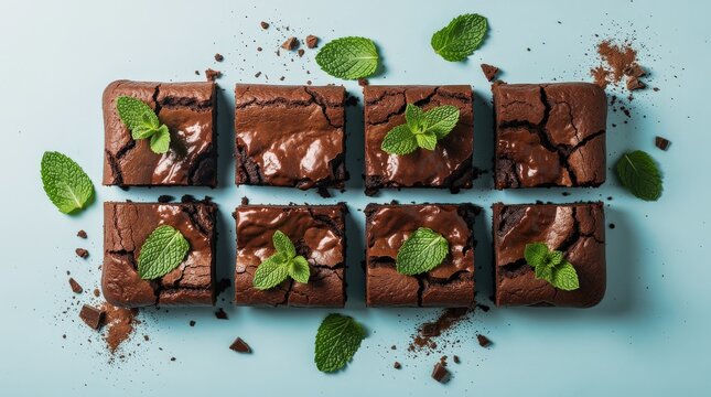 Eight chocolate brownies topped with fresh mint leaves arranged neatly on a light blue surface with scattered crumbs and mint around.