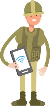 Soldier Character Holding Smartphone
