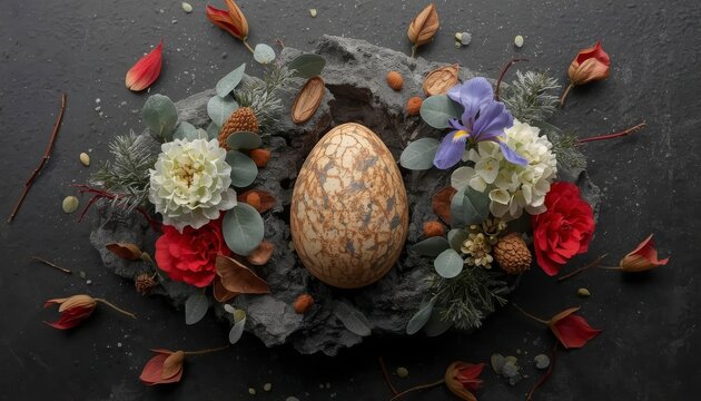 Fantasy cracked dragon egg resting on volcanic stone surrounded by iris flowers and eucalyptus top down flat lay