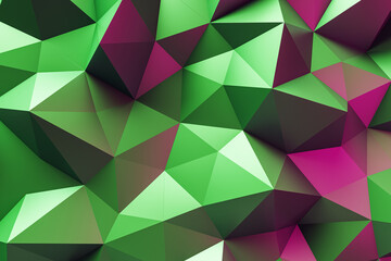 Fototapeta premium Polygonal geometric wall texture with vivid green and magenta facets, modern abstract wallpaper backdrop for contemporary design concepts. 3D Rendering