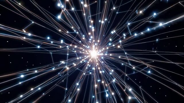 Abstract visual representation of light particles radiating outward in a dynamic burst, showcasing a continuous flow of energy and movement against a dark background