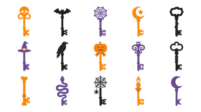 Set of halloween magic keys with spooky symbols witchcraft flat style vector design