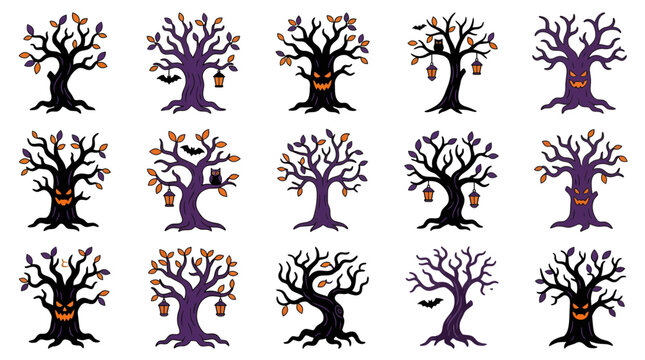 Set of halloween creepy trees with spooky faces bats owls and hanging lanterns