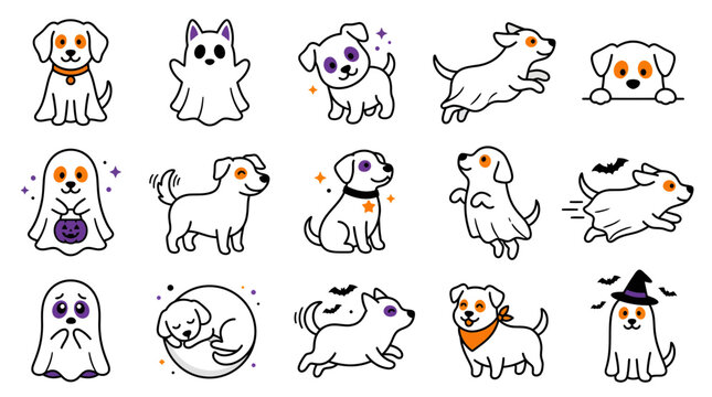 Collection of cute white dogs and ghosts celebrating halloween vector icons