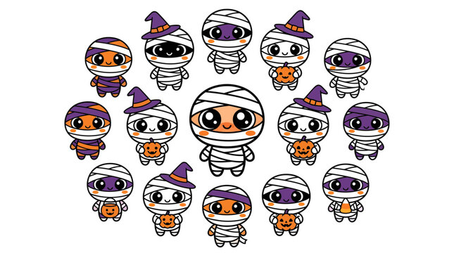 Cute halloween mummy characters set collection vector illustration with halloween