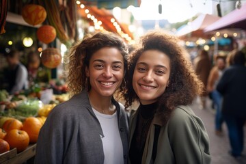 Naklejka premium Two happy women sharing a joyous moment while shopping at an outdoor food market