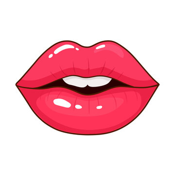 Bright Glossy Pink Lips Stylized Cartoon Illustration with Shiny Cosmetic Gloss Effect