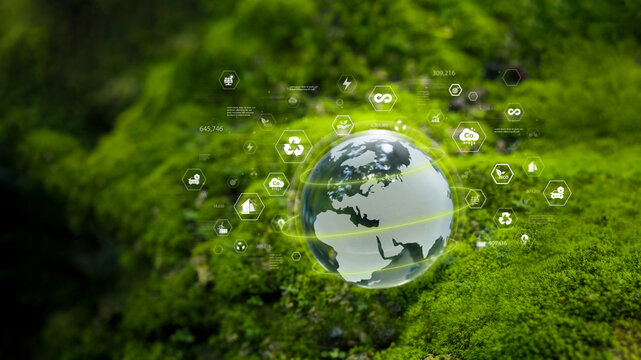Sustainable Environment concept. ESG, green energy. Carbon emission low neutral, net zero, renewable energy, Green business,EV energy, Climate neutral long term strategy on a green background.