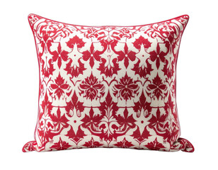 Obraz premium A decorative throw pillow with a red damask pattern on a cream background.