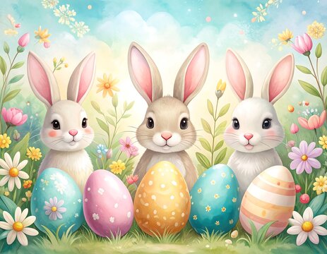 Adorable Easter bunny family with colorful eggs in floral field.