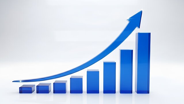 Business bar chart with rising blue arrow showing financial growth and success on white background
