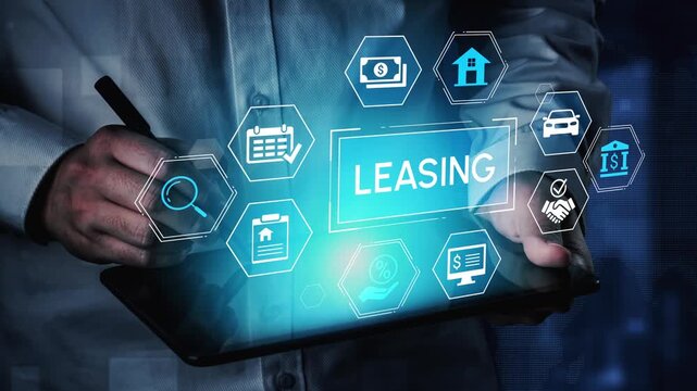 Business Professional Analyzing Leasing Options with Digital Interface and Technology Symbols Representing Finance, Property, and Transaction Services. Entropy.
